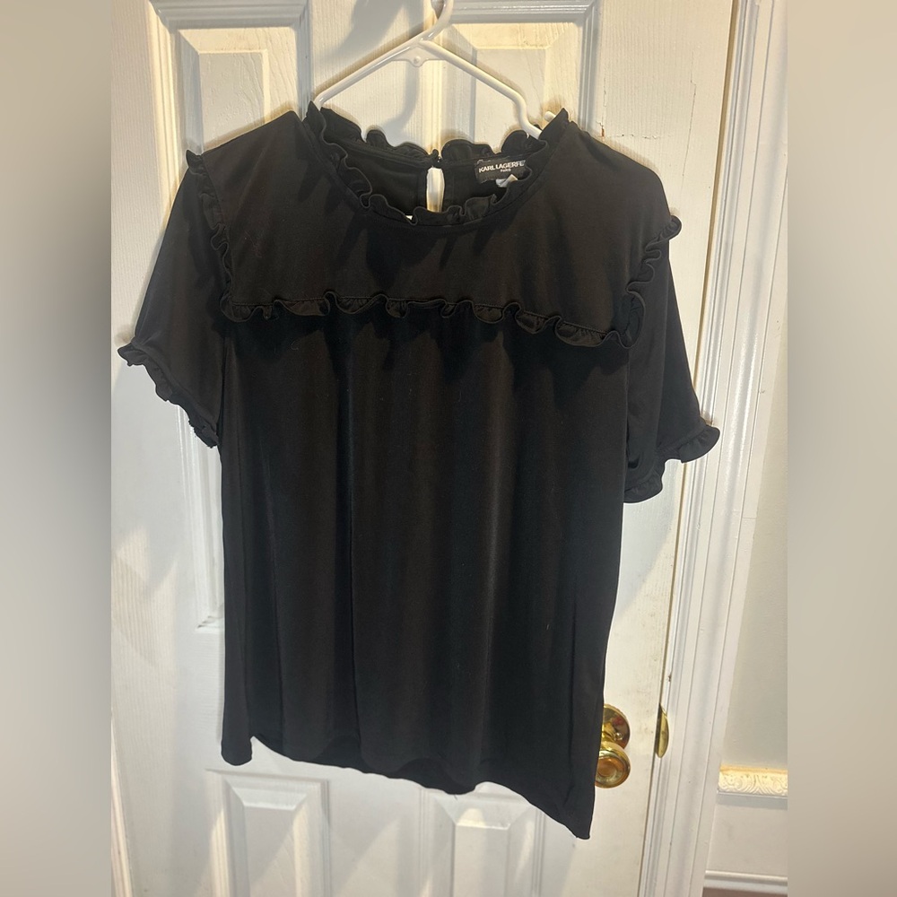 Karl Lagerfeld Paris Black Ruffled Short Sleeve Top Blouse Large